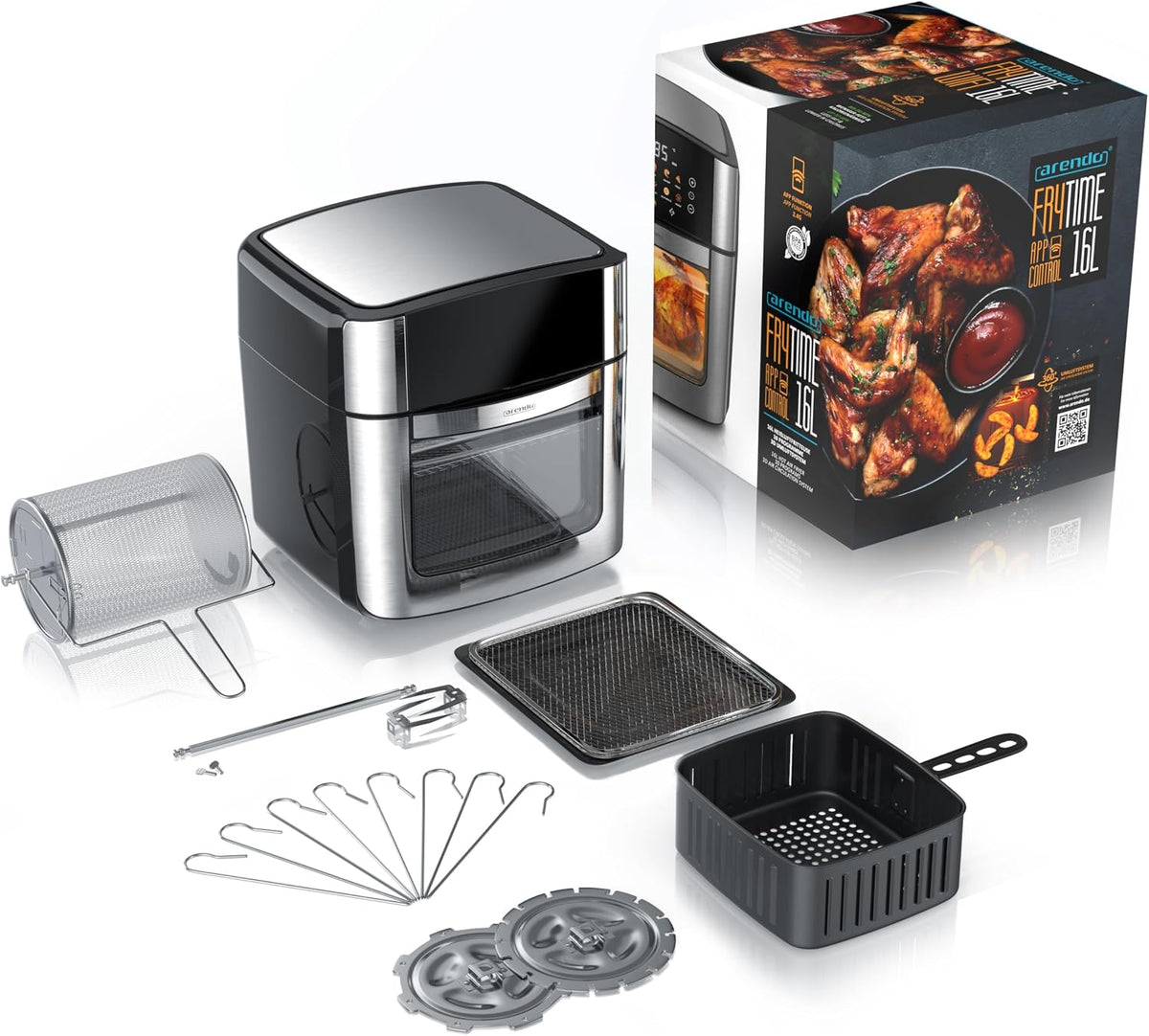 Arendo - Heißluftfritteuse XXL Smart Wlan - extra Groß 16 Liter - Backofen Umluft - Grill - Dörrautomat - Air Fryer - Touchscreen - Easy&Clean - Fritteuse ohne Öl - Pizza Hähnchen Pommes - BPA frei