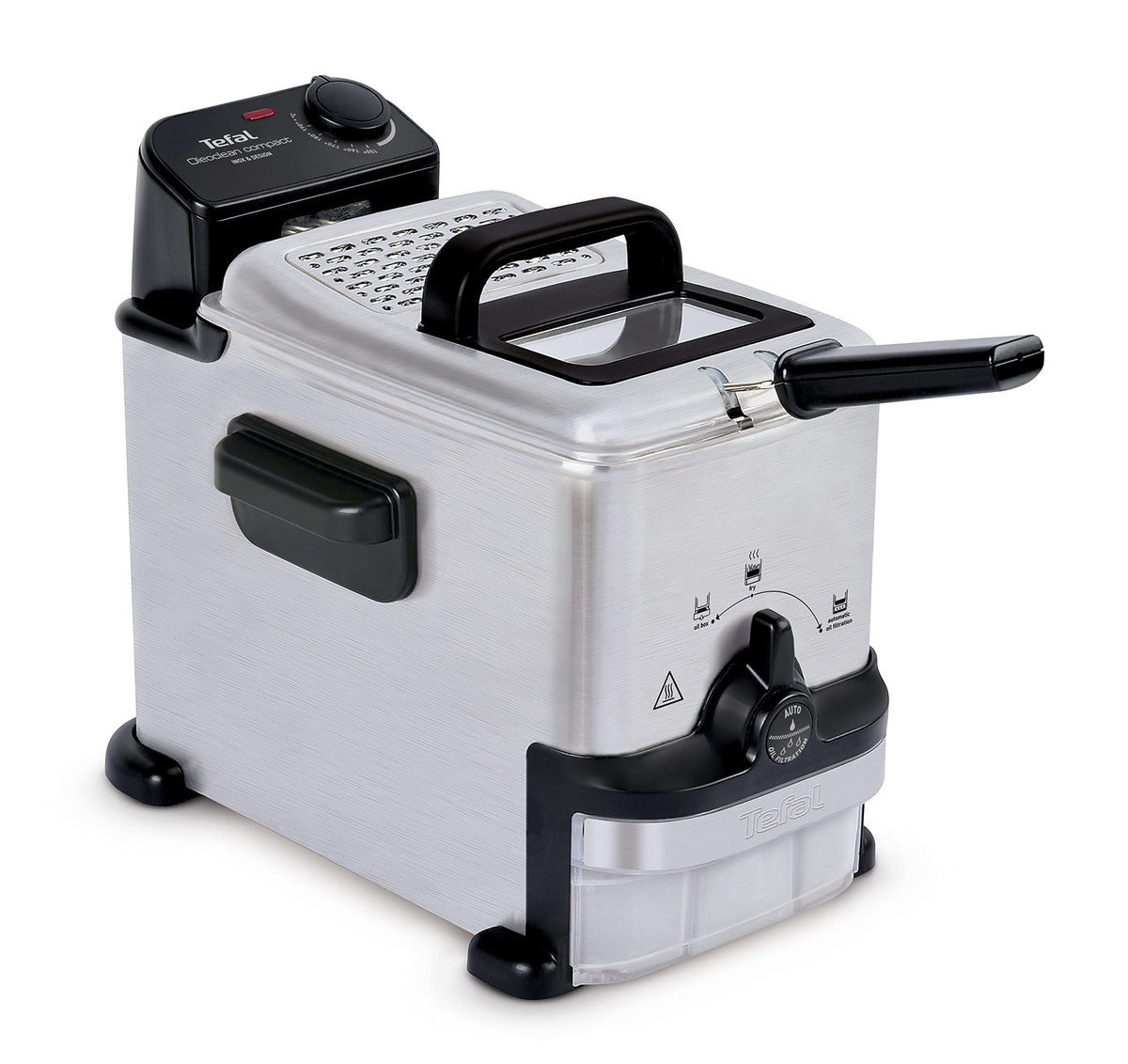 Tefal Oleoclean Pro Fritteuse 3,5L für knusprige Pommes, 2300W Edelstahl Friteuse mit Öl-Filterung, Herausnehmbarer Ölbehälter 1,2kg, Timer & Thermostat, Spülmaschinenfest, Schwarz/Edelstahl