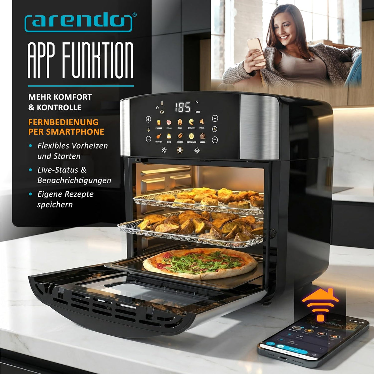 Arendo - Heißluftfritteuse XXL Smart Wlan - extra Groß 16 Liter - Backofen Umluft - Grill - Dörrautomat - Air Fryer - Touchscreen - Easy&Clean - Fritteuse ohne Öl - Pizza Hähnchen Pommes - BPA frei