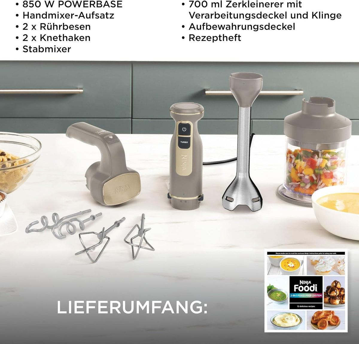 Ninja Foodi 3-in-1 Stabmixer, Handmixer & Zerkleinerer, Stufenweise Anlauf