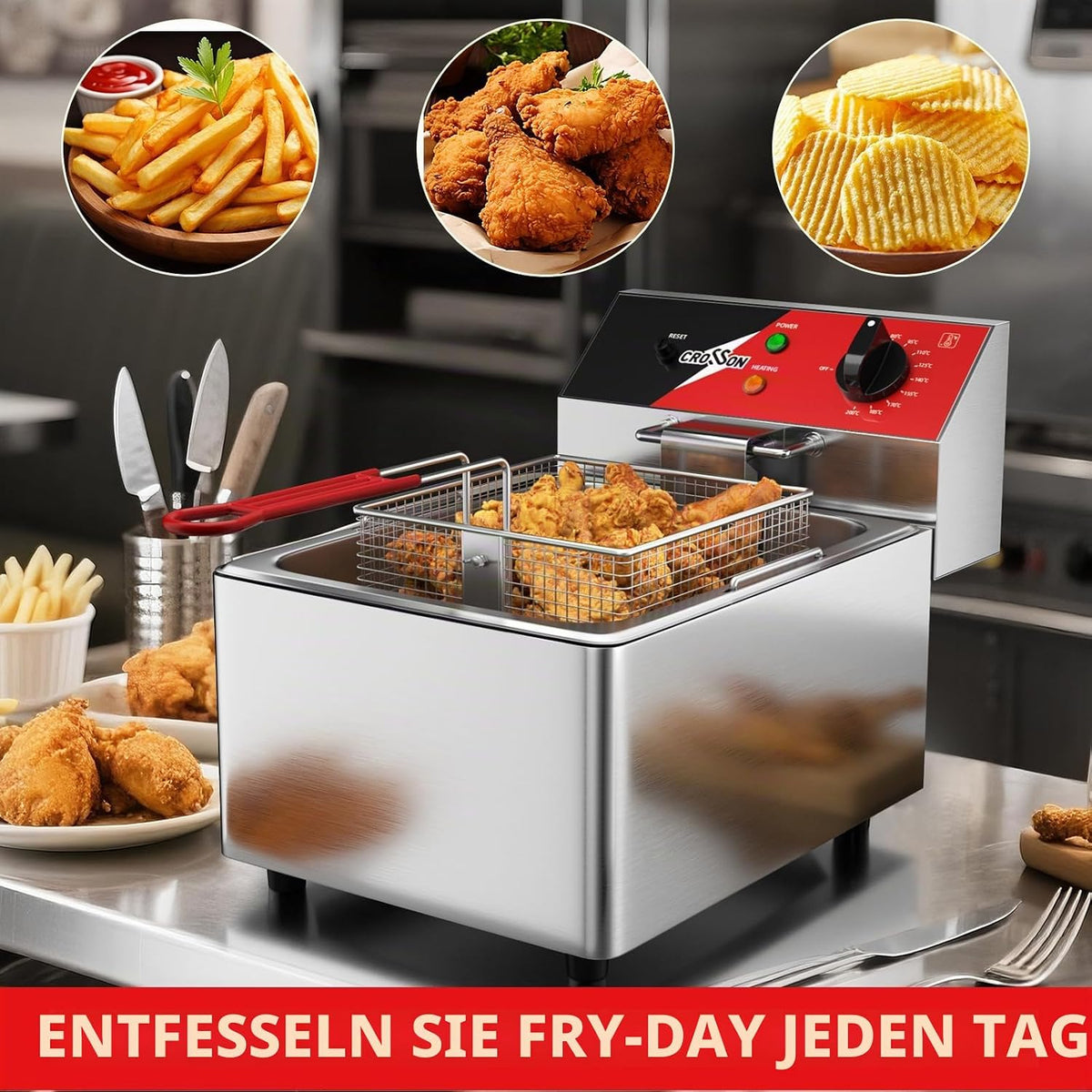 CROSSON 6L Professionelle Elektrische Fritteuse,3000W Kommerzielle Elektrische Fritteuse aus Edelstahl mit Korb, Temperaturkontrolle 80-200°C Schnelles Erhitzen für Heim und Gewerbe