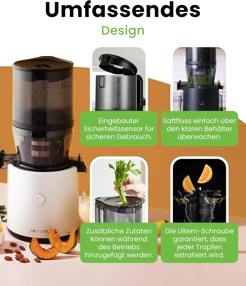 Hurom Slow Juicer | Entsafter Gemüse und Obst | H320N | Elektrische Kaltpresse | Ruhiger Motor | Leicht zu Reinigen mit Großem Behälter und Siebfilter 2L | 200 Watt | BPA Frei | Dunkelgrün