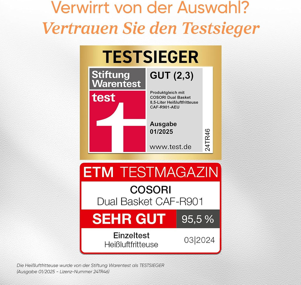 Cosori Airfryer, Testsieger Stiftung Warentest, Heißluftfritteuse 2 Kammern