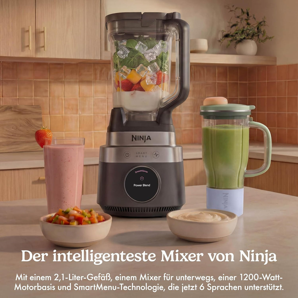 Ninja CrushBOSS 2-in-1 Mixer, 1200 Watt, SmoothSense, 3 intelligente Voreinstellungen, XL Becher (2,1 l), BlendBOSS-Becher (710 ml) für unterwegs, zerkleinert Eis, Onyx, LB301EUBK