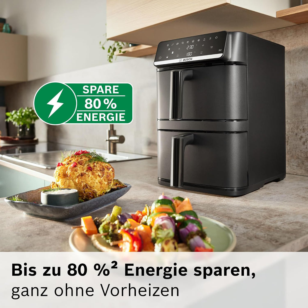 Bosch XXL Heißluftfritteuse, 12,0L Doppelkammer, platzsparend, 6 Programme, PFAS frei, schwarz, AirFryer Serie 6, MAFD661B0