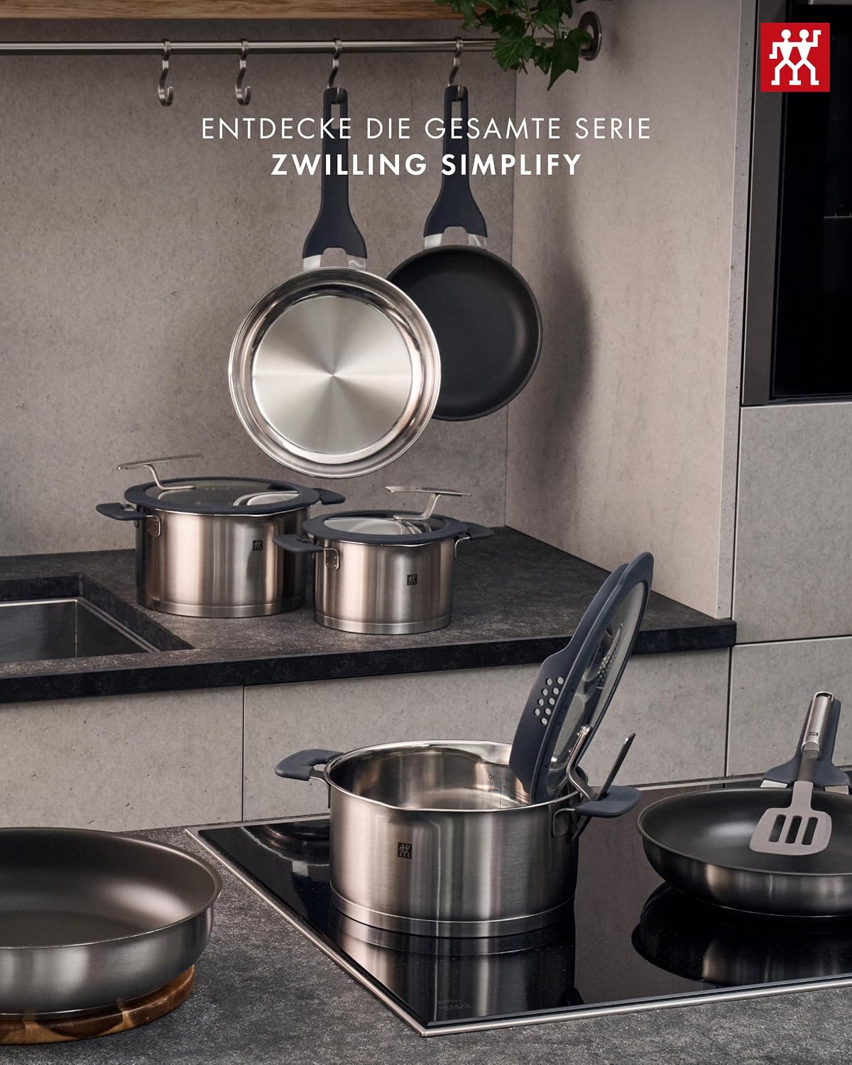 ZWILLING Simplify Kochtopf-Set 5-teilig, Integriertes Sieb, Induktion, Grau