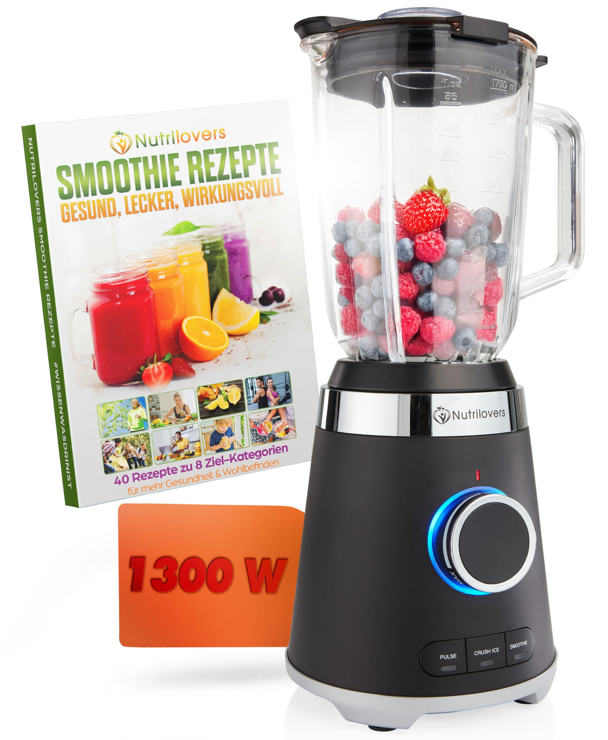 Nutrilovers Hochleistungsmixer NUTRI-BLENDER MAX+ Standmixer 2000W Hochleistung Smoothie-Maker Profi Mixer Blender - 2L Tritan, BPA-FREI, 9 Stufen, Digital-Timer Inkl. Smoothie Rezeptbuch