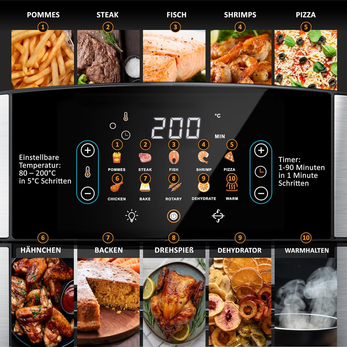 Arendo - Heißluftfritteuse XXL Smart Wlan - extra Groß 16 Liter - Backofen Umluft - Grill - Dörrautomat - Air Fryer - Touchscreen - Easy&Clean - Fritteuse ohne Öl - Pizza Hähnchen Pommes - BPA frei