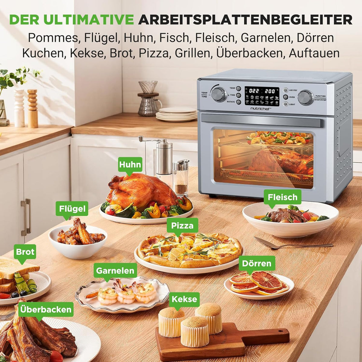 NutriChef Heißluftfritteuse 26 Liter Airfryer Ofen mit Drehspieß