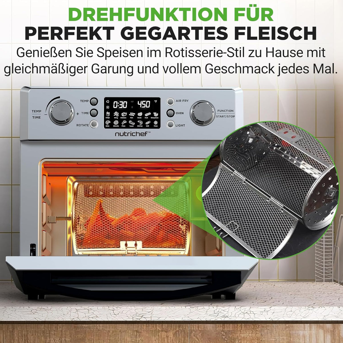 NutriChef Heißluftfritteuse 26 Liter Airfryer Ofen mit Drehspieß