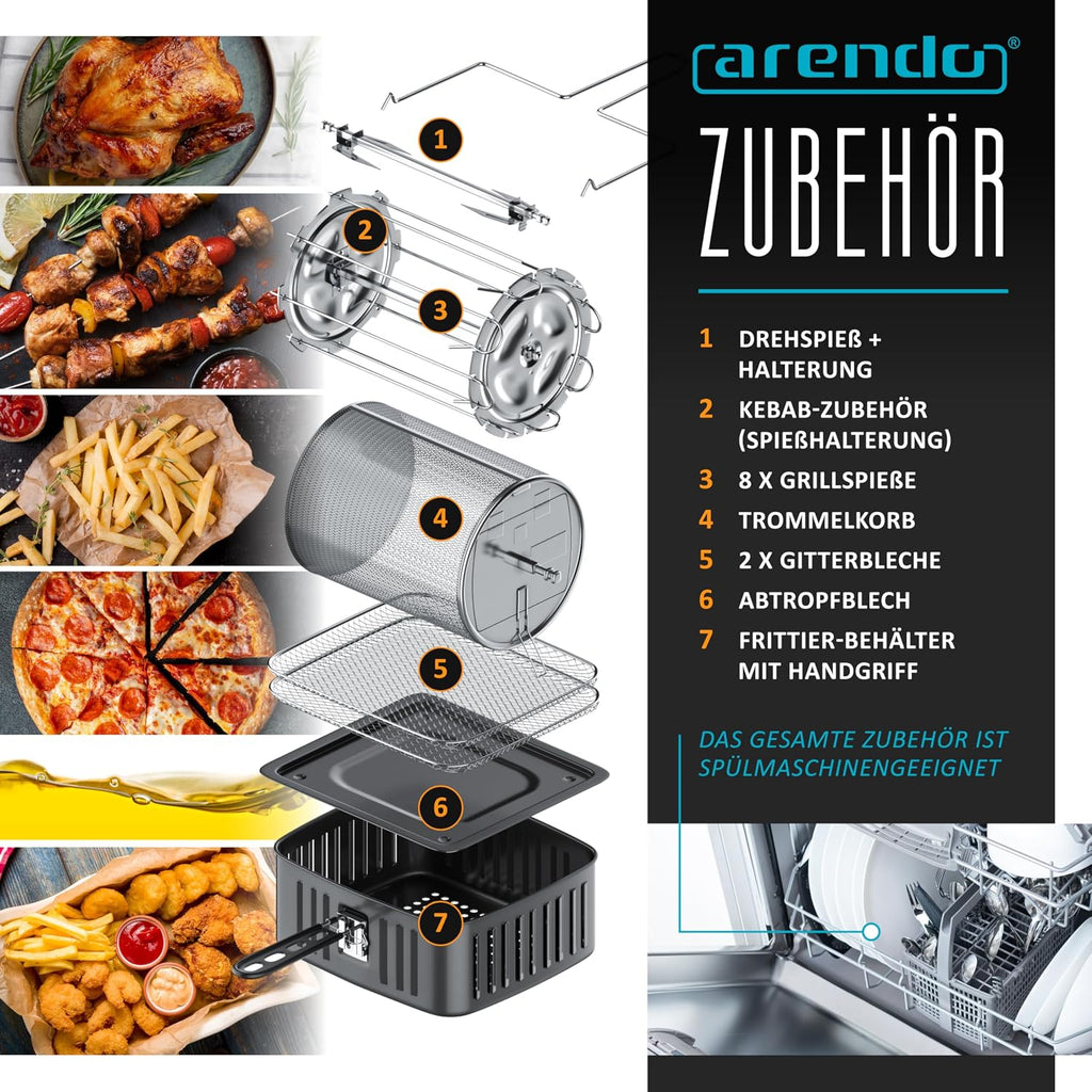 Arendo - Heißluftfritteuse XXL Smart Wlan - extra Groß 16 Liter - Backofen Umluft - Grill - Dörrautomat - Air Fryer - Touchscreen - Easy&Clean - Fritteuse ohne Öl - Pizza Hähnchen Pommes - BPA frei