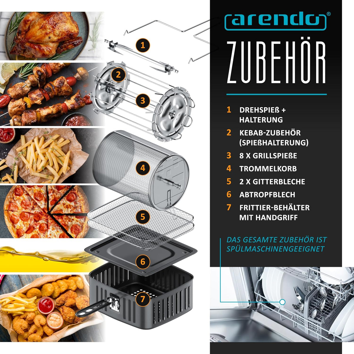 Arendo - Heißluftfritteuse XXL Smart Wlan - extra Groß 16 Liter - Backofen Umluft - Grill - Dörrautomat - Air Fryer - Touchscreen - Easy&Clean - Fritteuse ohne Öl - Pizza Hähnchen Pommes - BPA frei